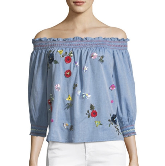 Joie Embellished Floral Beaded Off Shoulder Chambray Peasant Top - Picture 1 of 14